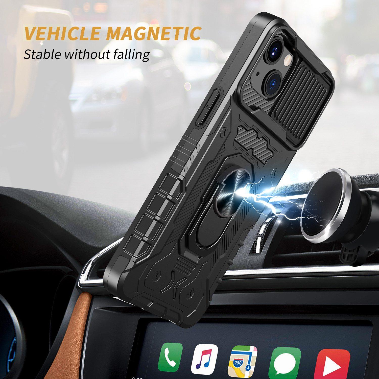 

Slide Camera Protection PC+TPU Case for iPhone 14,Kickstand Full Coverage Phone Cover with Tempered Glass Screen Film Black