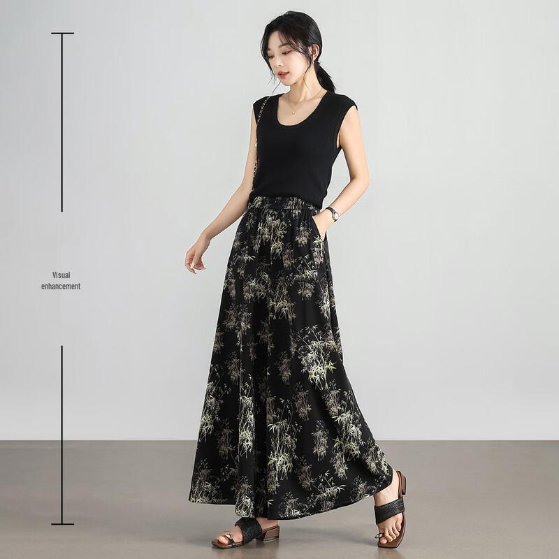 New Chinese Style Bamboo Print Loose Culottes