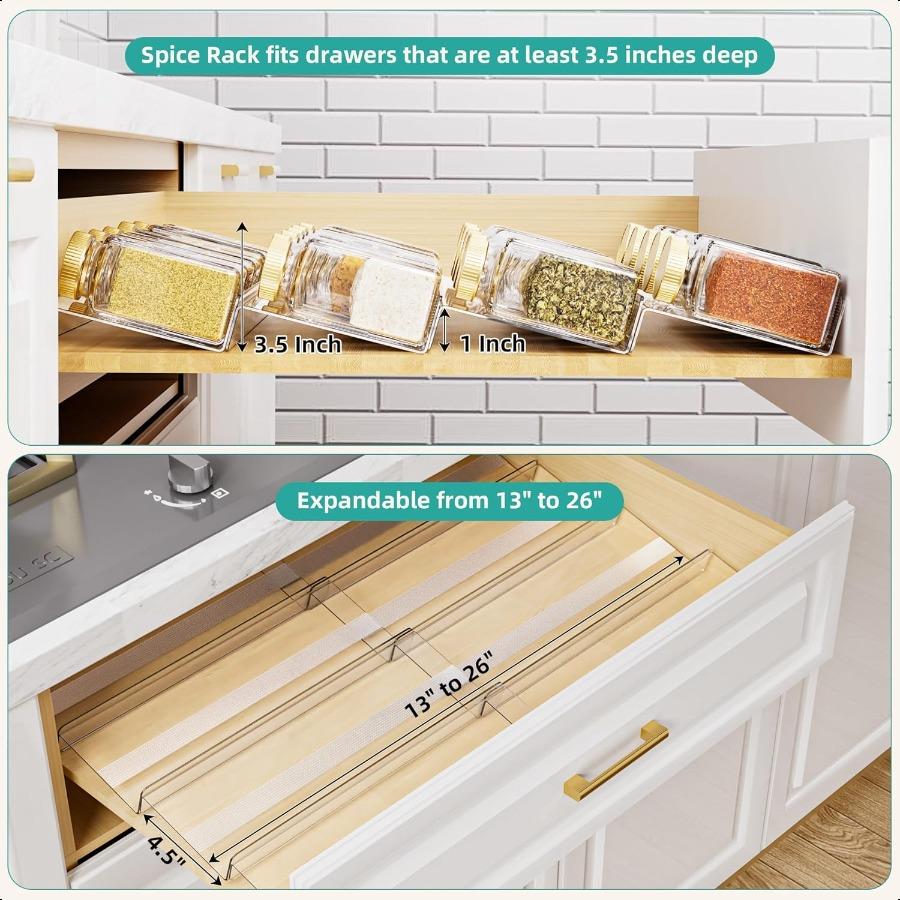 Acrylic Spice Drawer Organizer 4 Tier 8 Pack Seasoning Organizer for Drawer Expandable From 13" to 26" Kitchen Drawer Spice Rac