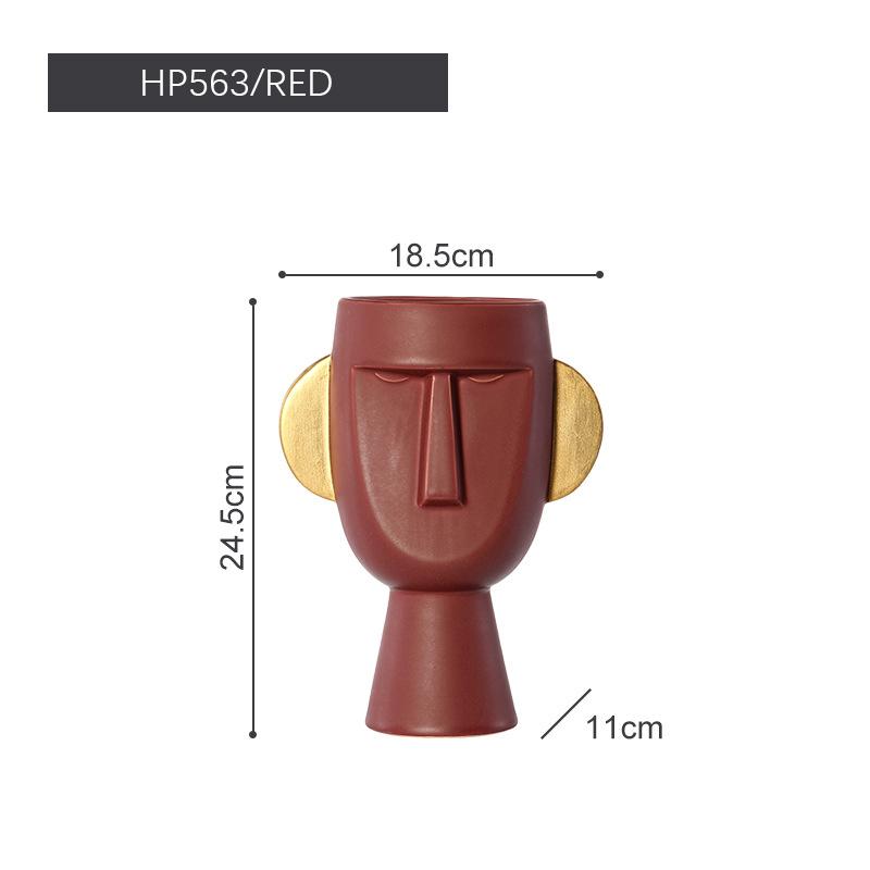 Ceramic Abstract Face Vase Home Decoration Ornament Head Flower Vase with Golden Ear Handle Table Art Statue