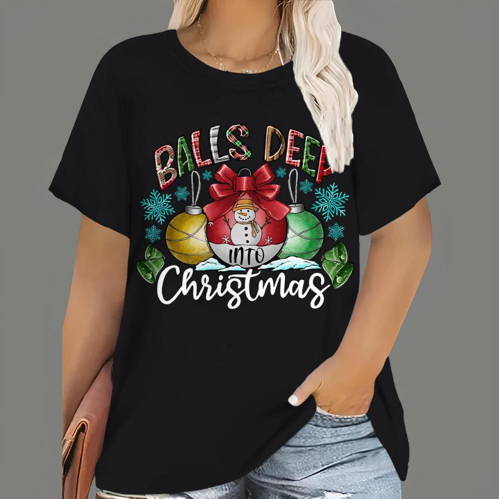Women's Christmas T-shirt, cartoon Santa Claus print, short-sleeve, round-neck, casual party loose top