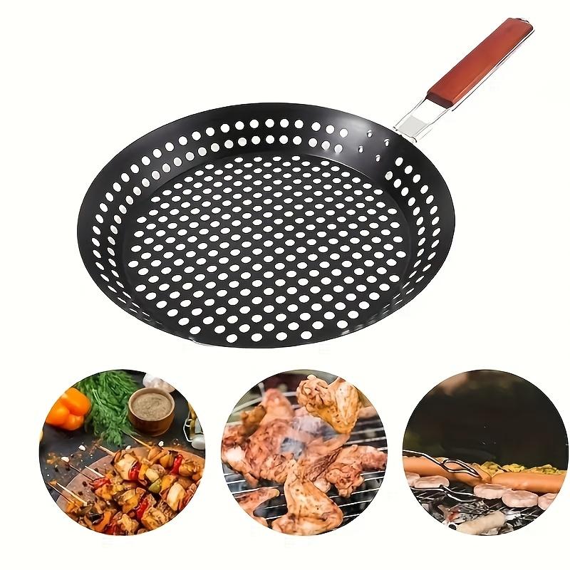 Perforated BBQ Grilling Pan with Folding Handle Non-Stick Round Barbecue Skillet Portable Outdoor Grill Basket for Backyard BBQ