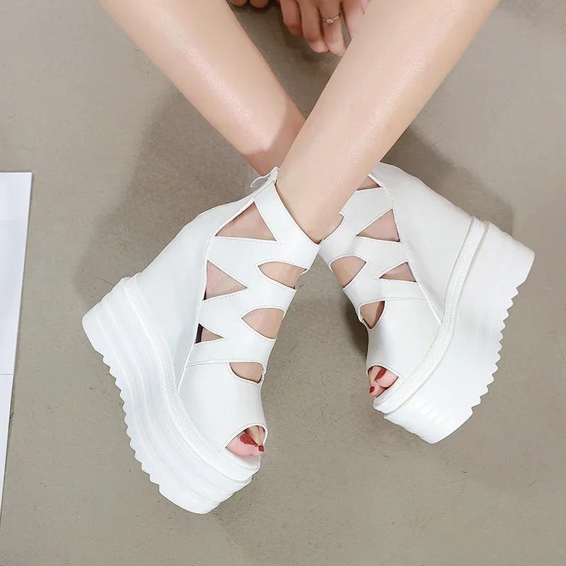 Summer Ultra High Heel Fish Mouth Sandals Wedges Thick Bottom Roman Women's Sandals 14 Cm Sexy High Heels Female Pumps