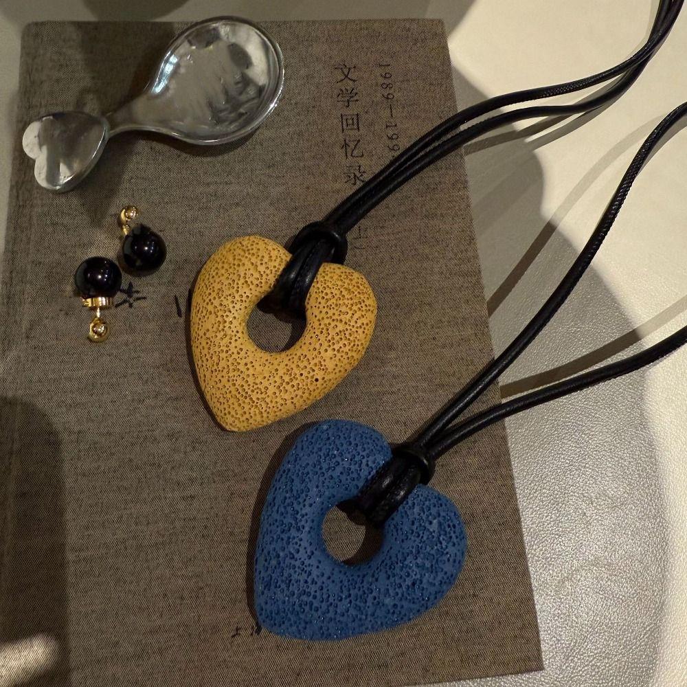 Elegant Volcanic Stone Heart Necklace Ins Personalized Sweater Chain Hollow Stone Pendant Daily