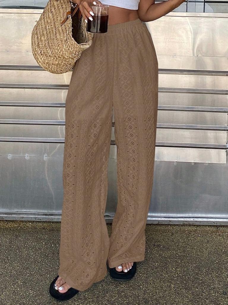 Women's Summer Solid Hollow Embroidered Loose Waist Elastic Long Pants Casual Versatile