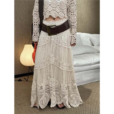 Gonna Lunga Casual Semplice a Linea ad A con Lavorazione all'Uncinetto Vuota Stile Bohémien Francese per Donna
