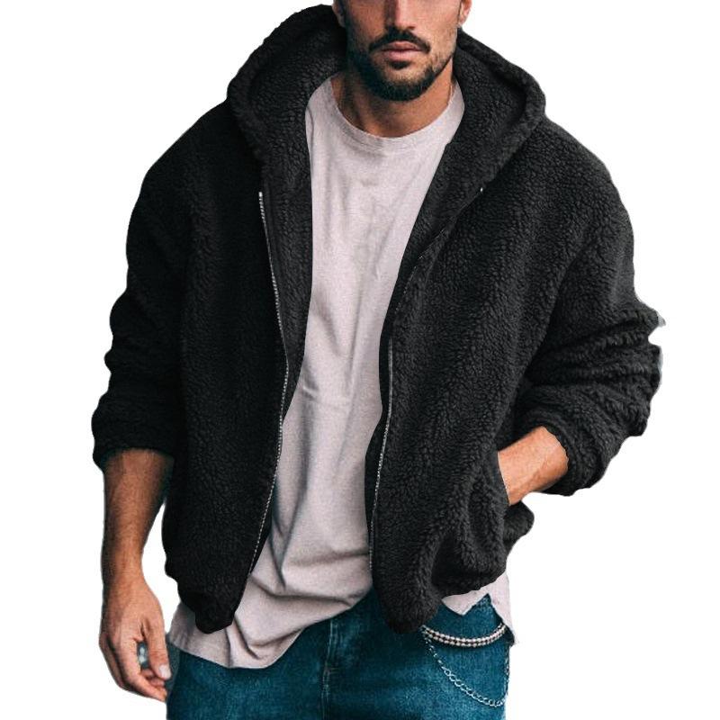 Men's Double-Sided Fleece Jacket Hooded Solid Zip-Up Coat Casual Warm Outerwear