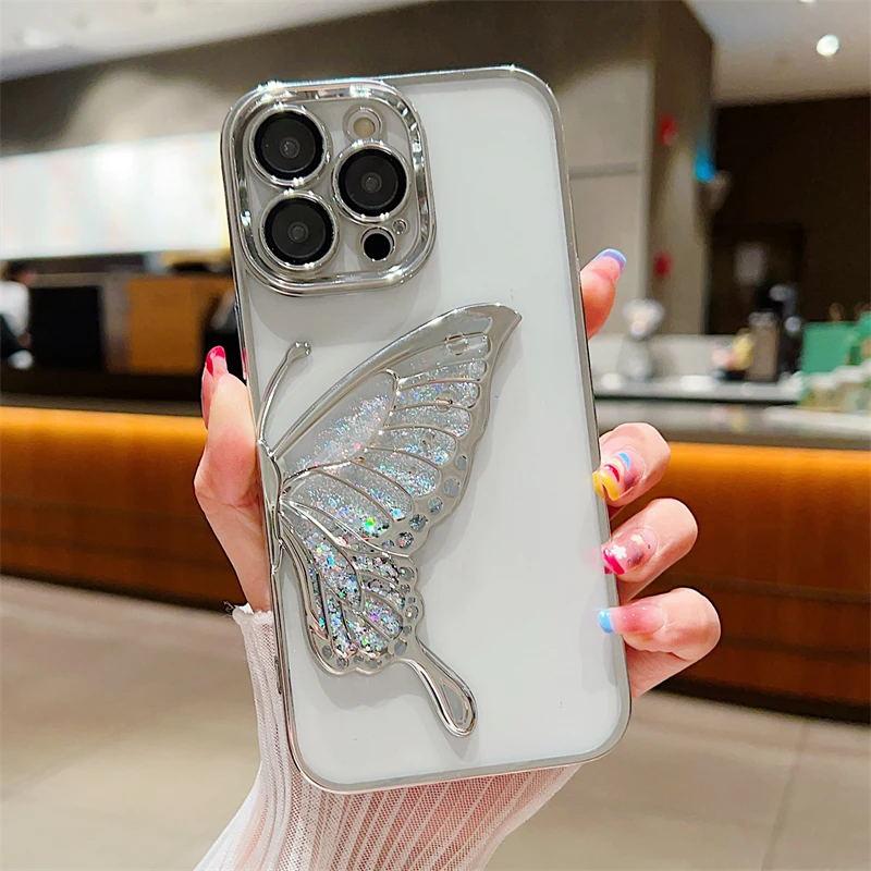 

Luxury Plating Clear Glitter Quicksand Butterfly Case For iPhone 16 Pro Max 15 14 13 12 11 Soft Silicone Shockproof Bumper Cover For iPhone 15 pro