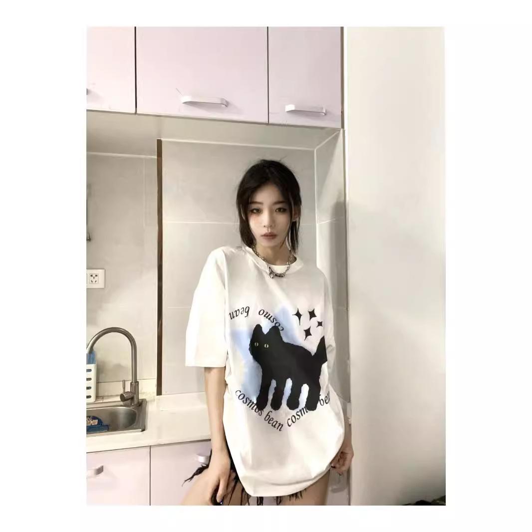 

Guochao t-shirt women s oversize summer new cat print couple short-sleeved loose cotton t-shirt top ins M белый