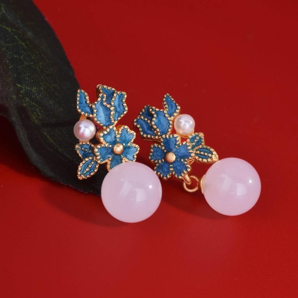 Chinese Style Imitation Hetian Jade Earrings Women Vintage Enamel Round Bead Earrings Ancient Gold Craft