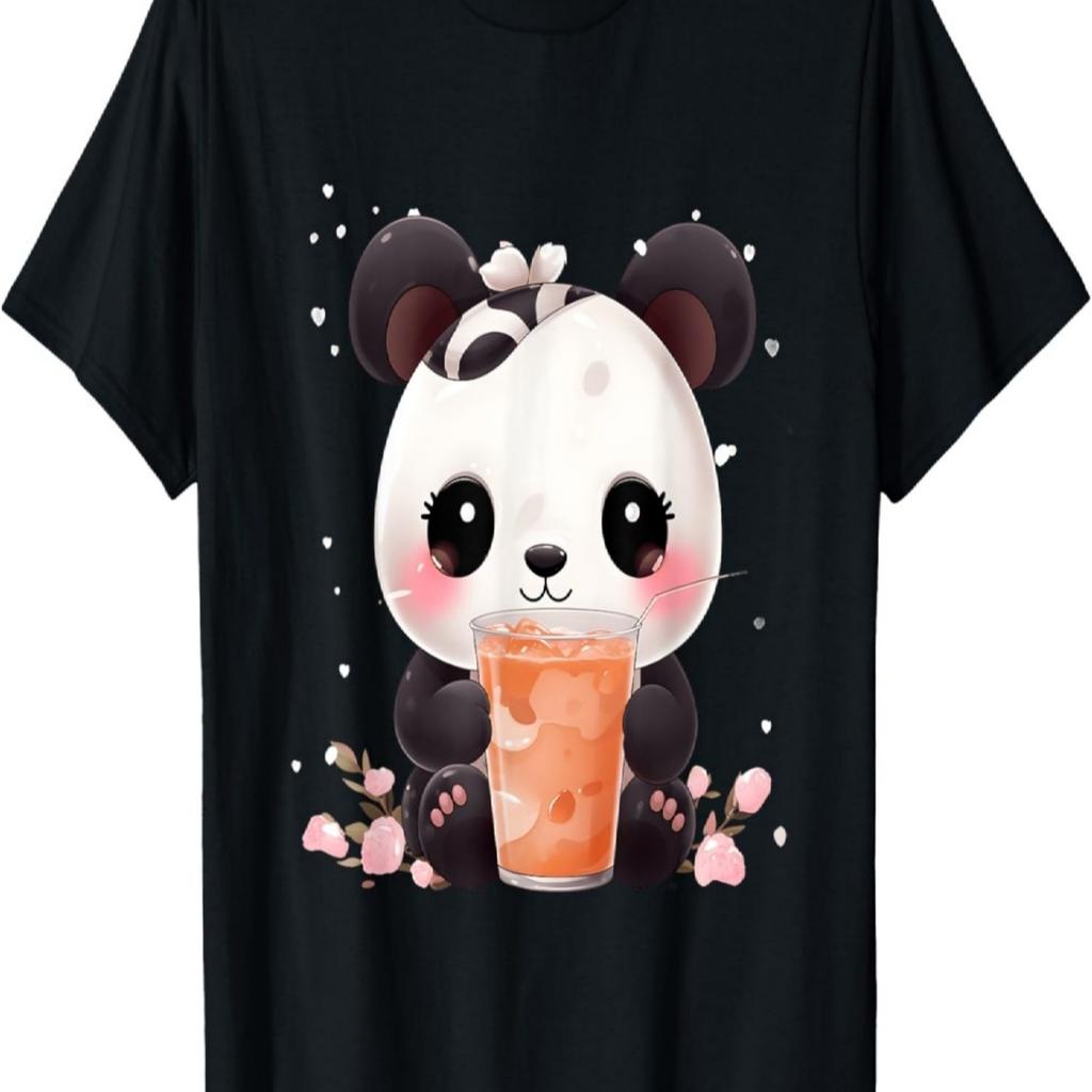 Kawaii Anime Panda Drinks Boba Tea Bubble Cherry Blossom T-Shirt(7)