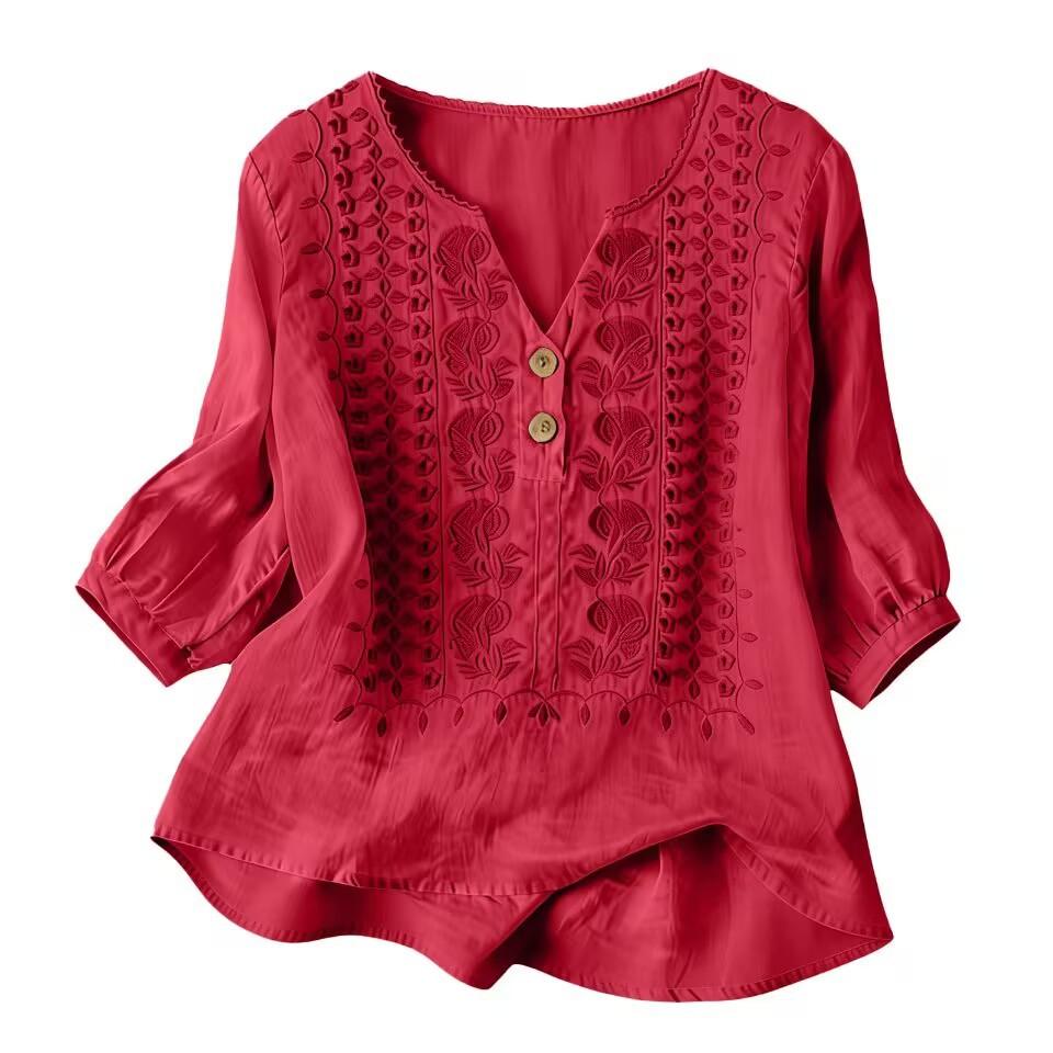 Women Boho Embroidered Blouse V‑Neck Linen Blouse Loose Button Decor Casual Tunic Top for Ladies Daily Wear
