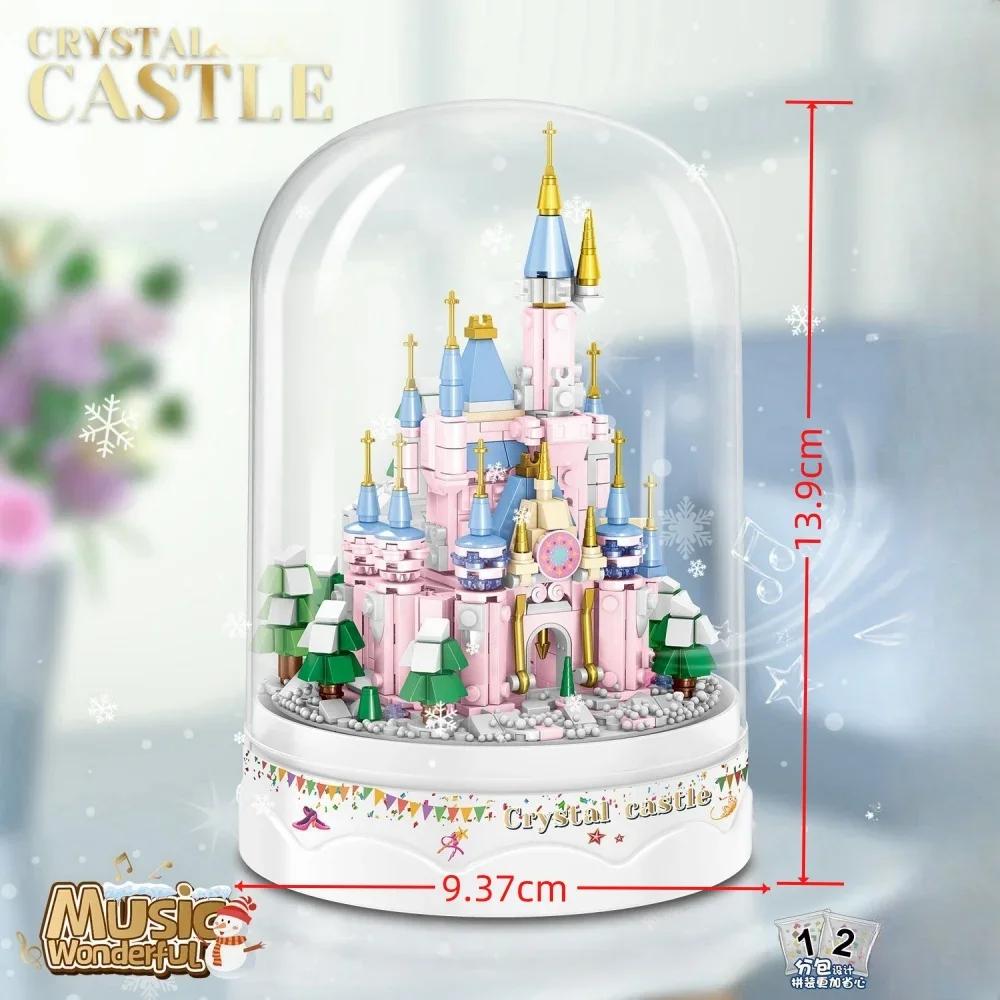 Music Snow Castle Mini Building Blocks DIY Toy with Fan Snow Effect Acrylic Cover Perfect Home Decor Gift for Kids Adults