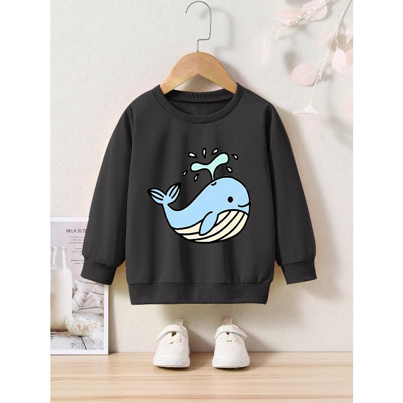 Kids Cartoon Whale Print Crew Neck Sweatshirt - Casual Pullover with Applique, Regular Fit, Slight Stretch, Perfect for Spring & Fall