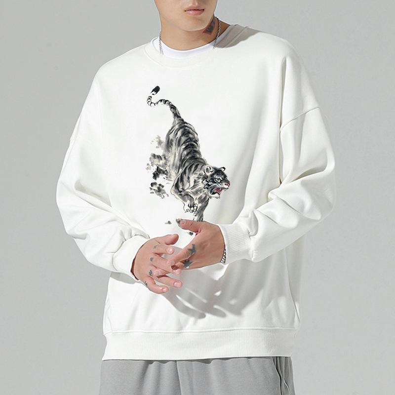 Kaiserlicher Fünfkrallen-Drachen Tuschemalerei Hoodie: Chinesischer Stil Langarm Tiger Muster für Herren