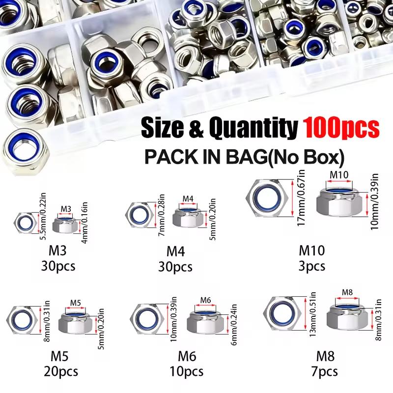Stainless Steel Nylon Anti-Slip Self-Locking Nuts 100/200 Pcs M3-M10, Nylon Embedded Nuts, Hexagonal Screw Caps
