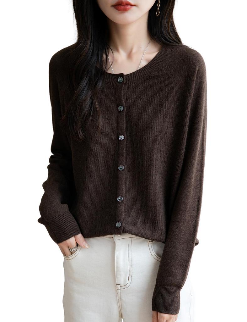 Women's Wool Round Neck Knit Cardigan - Versatile Autumn/Winter Sweater Outerwear