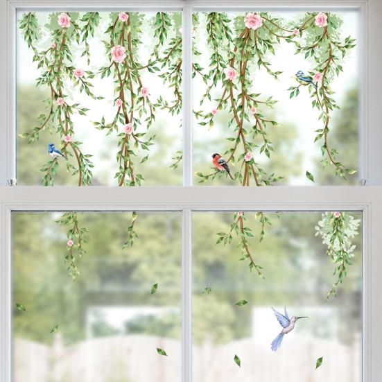Hanging Willow Leaf Wall Decals DIY Green Vine Plants Wall Sticker Peel And Stick Birds Butterfly Wall Art Mural for TV Background Bedroom Wall Decor