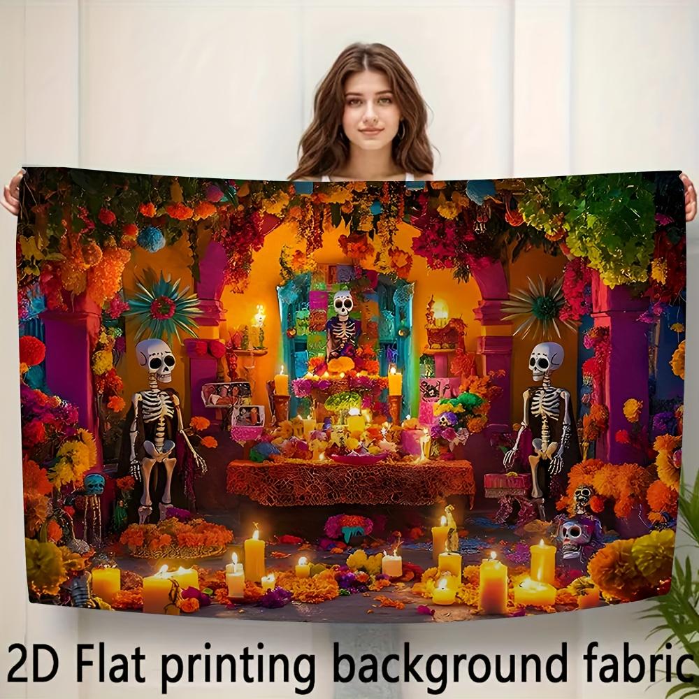 2D Flat Banner, 1pc - Mexican Altar Background with Skulls, Durable and Suitable for Halloween Party Decoration or Home Use.