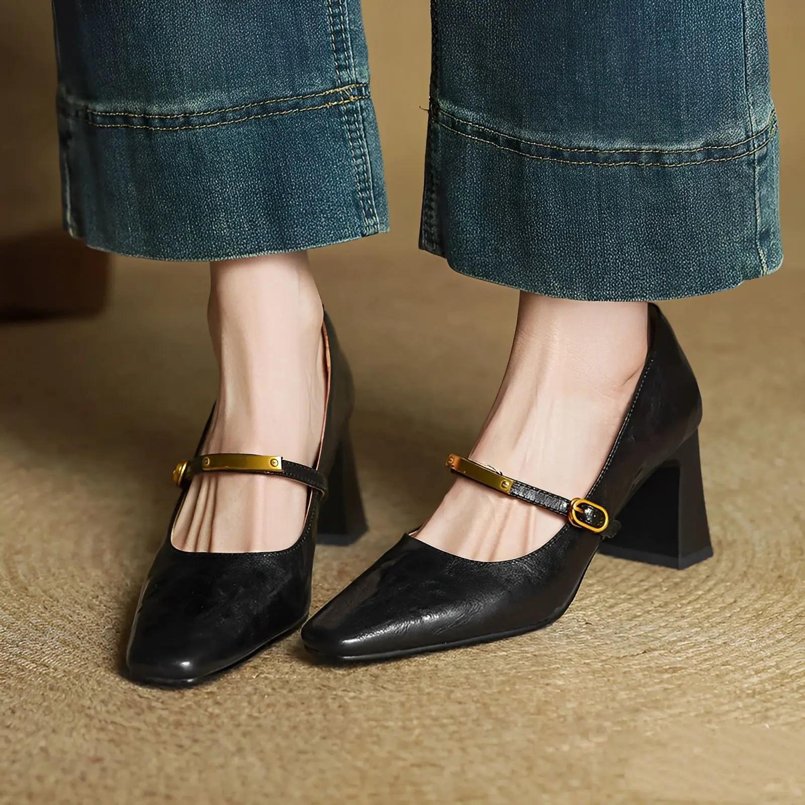 

Leather Mary Jane High Heels Women s Retro Style Minimalist Black Buckle Commute Shoes Match Skirts Thick Heel Single Shoes 40 чорний