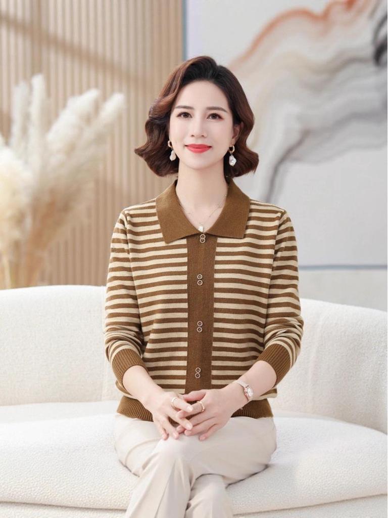 Elegant Women's Striped Knit Sweater with Turn-Down Collar - Versatile Fall Fashion for Moms