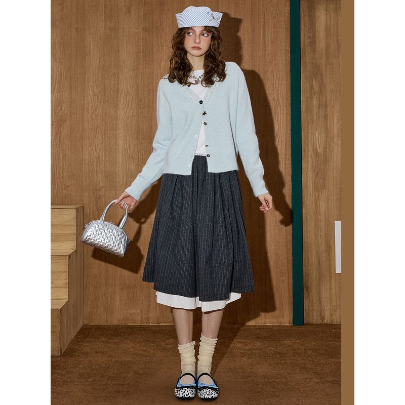 Coolhut Lace Patchwork 2025 Autum Women's Bow Lace Loose and Versatile Knitted Cardigan