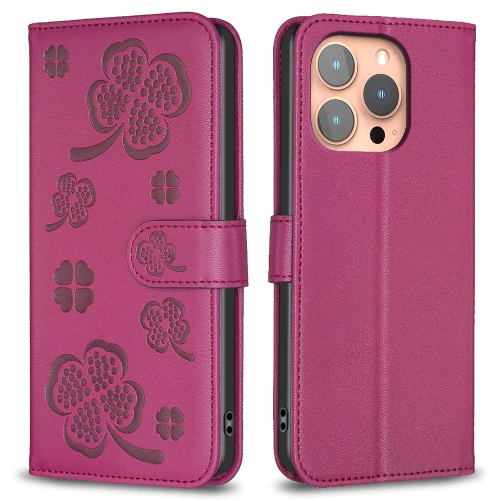 For iPhone 16 Pro Case Lucky Clover Pattern Leather Phone Cover