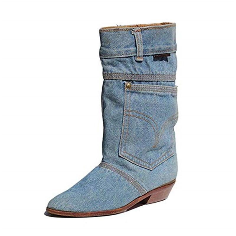 European and American new women's boots mid-waist low-heeled denim casual denim short boots women's autumn and winter denim boots