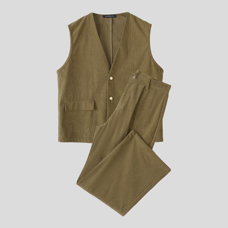 

INCERUN Men Outfits Sleeveless Corduroy Waistcoat And Long Straight Pants Gentleman Sets 4XL