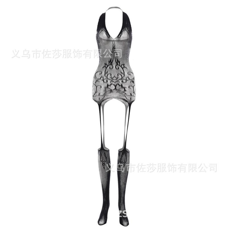 Sex Clothes Black Large Size Neck Hollow Open Mesh Clothes Stockings One-piece Jacquard