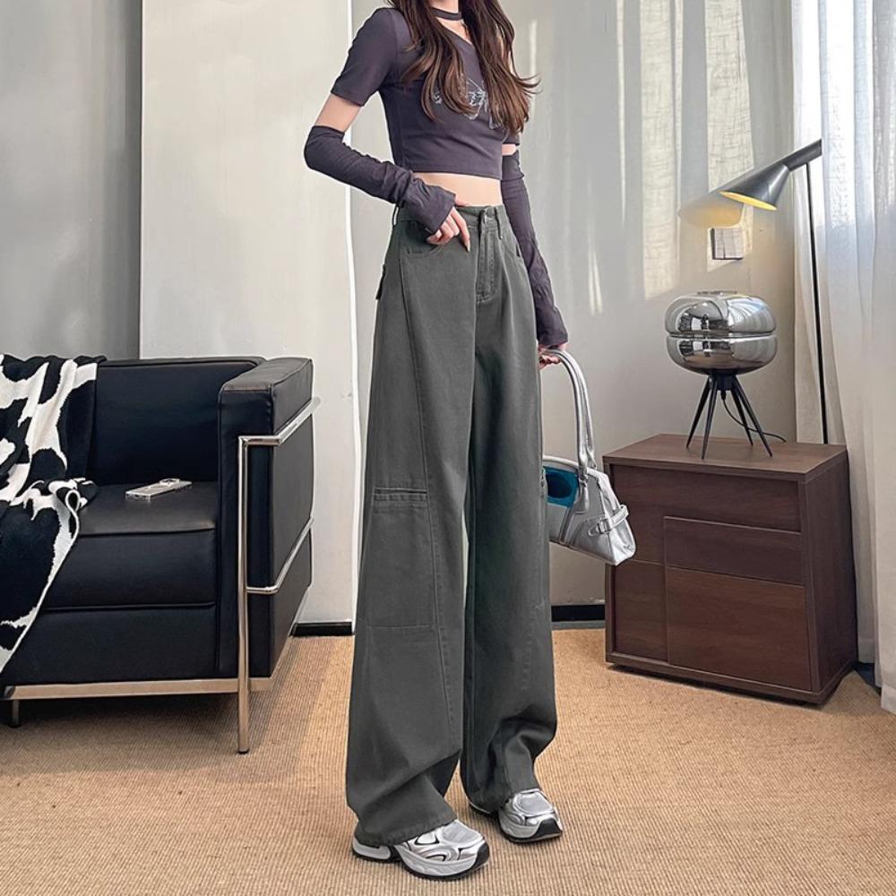 

Американские ретро уличные многокарманные джинсы-карго женские свободные с высокой посадкой прямые широкие повседневные джинсы XL светло-серый