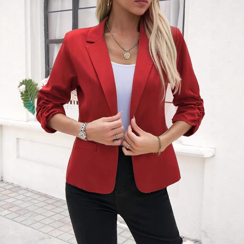 Damen Knopfleisten-Blazer für Herbst und Winter, Revers mit Kerbe, Gürtel in der Taille, Dreiviertelärmel, Eleganter Business-Casual-Büro-Mantel