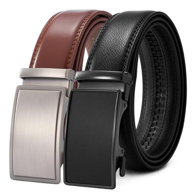 PlusZis Men's Leather Ratchet Dress Belt, Big & Tall, with Automatic Buckle, Basic Black Gun Edge - Black. Waist: 28"-68" Adjustable