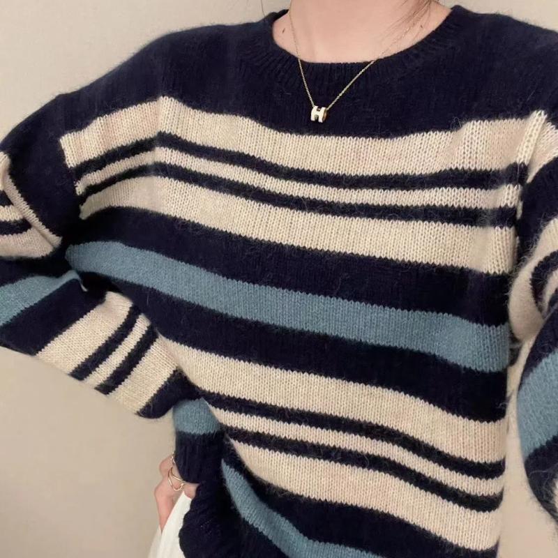 Koreanischer Herbst Neue Pullover Damen O-Ausschnitt Gestreift Kontrastfarbe Mode Lässig Locker Langarm Stricktops