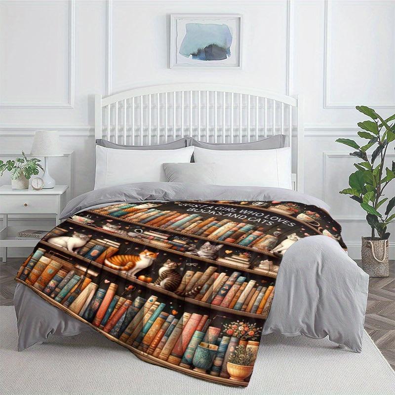 Cozy Books & Cat Flannel Throw Blanket - Soft, Warm, and Lightweight for Sofa, Bed, Travel, Camping, Office - Durable Digital Print Design