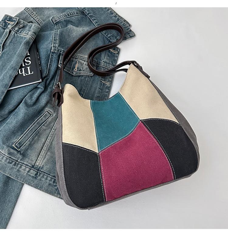 Einfache und modische Damenhandtasche geometrische kontrastfarbene Canvas-Tasche Damen-Retro-Spleiß-Stofftasche mit großem Fassungsvermögen neue Umhängetasche
