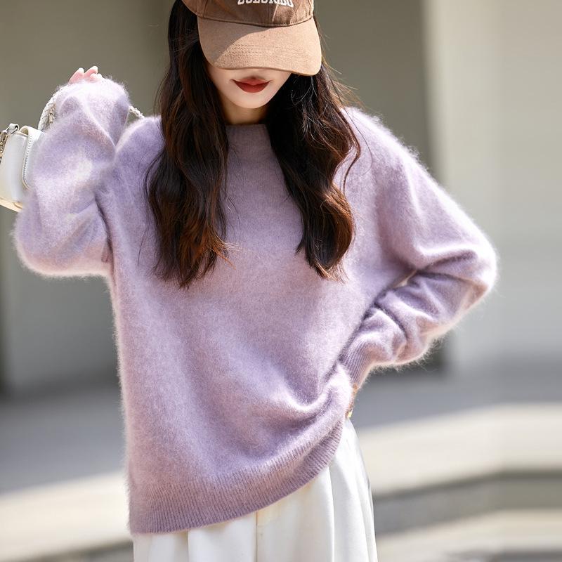 Women's Brushed Wool Round Neck Sweater - Autumn/Winter Cozy Cashmere Base Layer, Loose Fit, Lazy Style