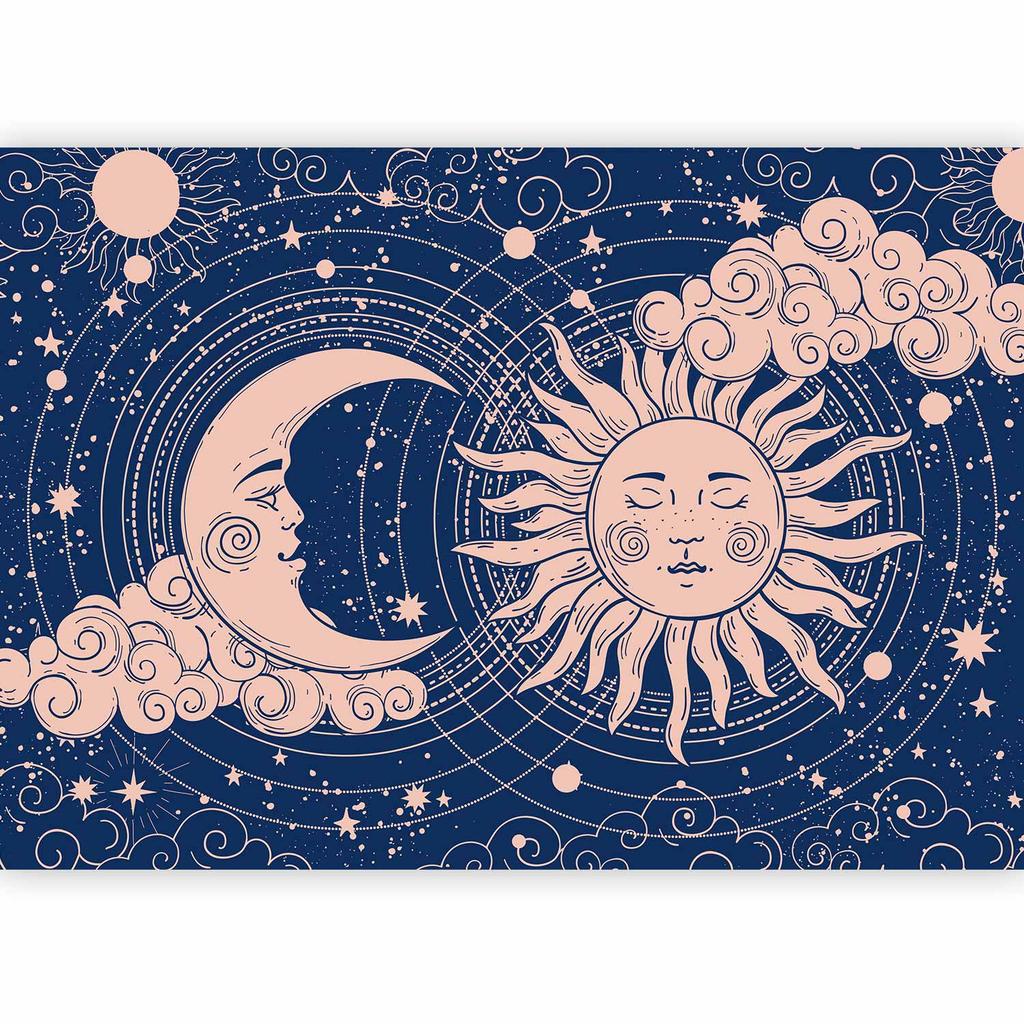 Fototapeta - Kosmiczna Harmonia - Ilustracja Słońca I Księżyca Na Granatowym Tle / Noc I Dzień - Elegancki Wzór Słońca Księżyca Na Ciemnym Tle
