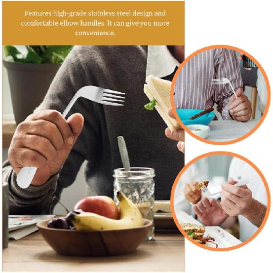 1 Set Stainless Steel Adaptive Utensil Left Handed Offset Spoon Fork Angled Curved Utensil Self Feeding Cutlery for Adults Elderly