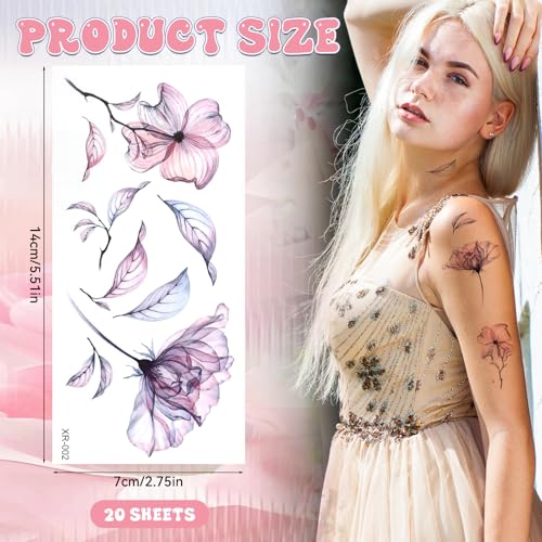 JJUNW 20 Sheets Watercolor Flower Temporary Tattoos, Waterproof Realistic Fake Tattoos for Adults, Floral Skin Stickers for Arm Ankle Body Art