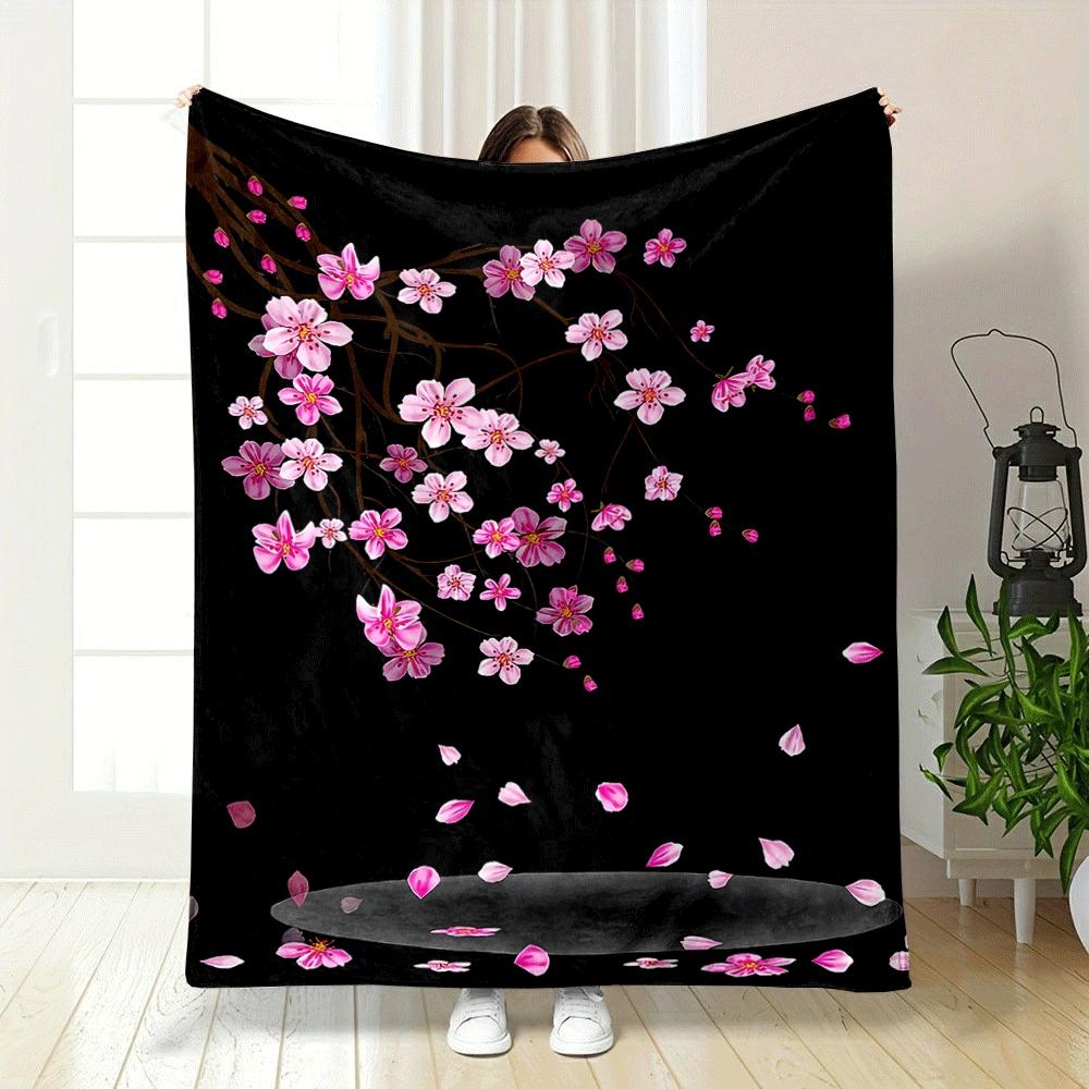 Pink Cherry Blossoms On Branches, with Petals Falling Onto a Dark Backdrop. for All Seasons Blanket Lunch Break Throw Gift