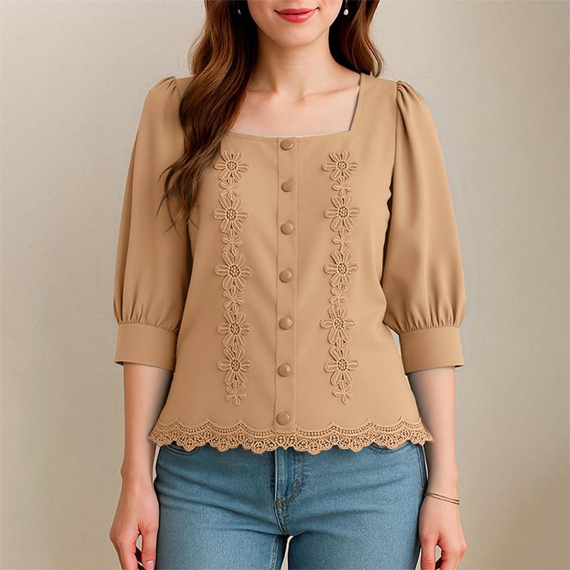 ZANZEA Women Square Neck Casual Flower Splice Summer 3/4 Sleeve Blouse