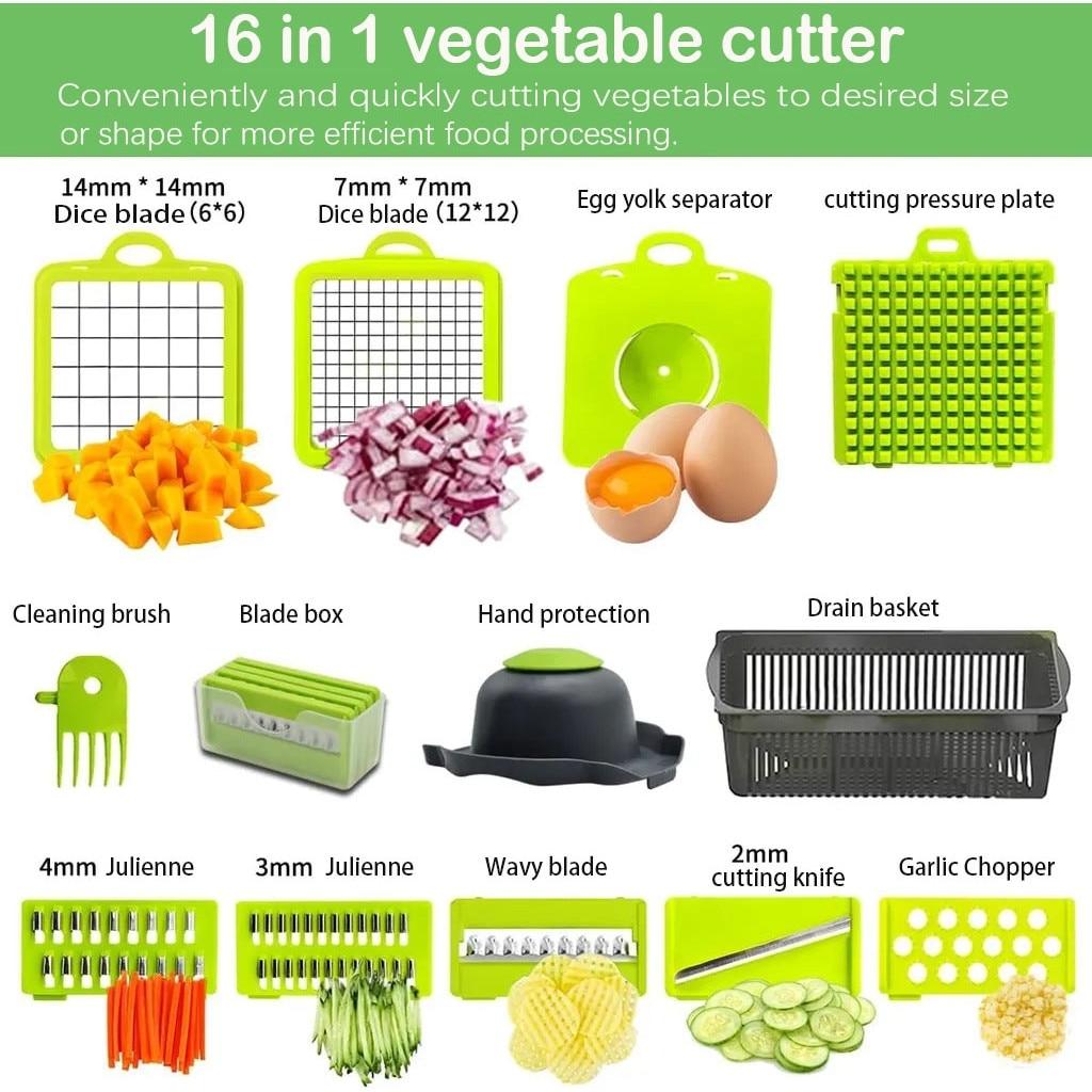 16in1 Manual Vegetable Chopper Multifunctional Slicer Shredder Grater Cutter Hand Operated Green/Gray Kitchen Gadget