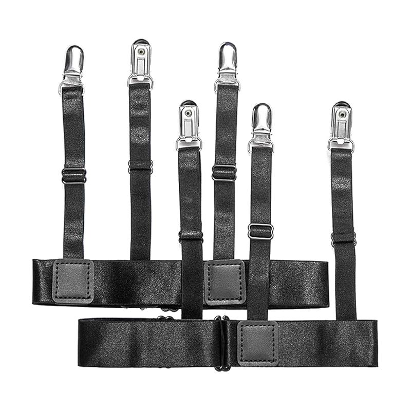 

1 пара мужских подтяжек для рубашки, пояс с нескользящими фиксирующими зажимами, держит рубашку заправленной, на ногу/бедро, подвязки, регулируемый фиксирующий ремешок чёрный