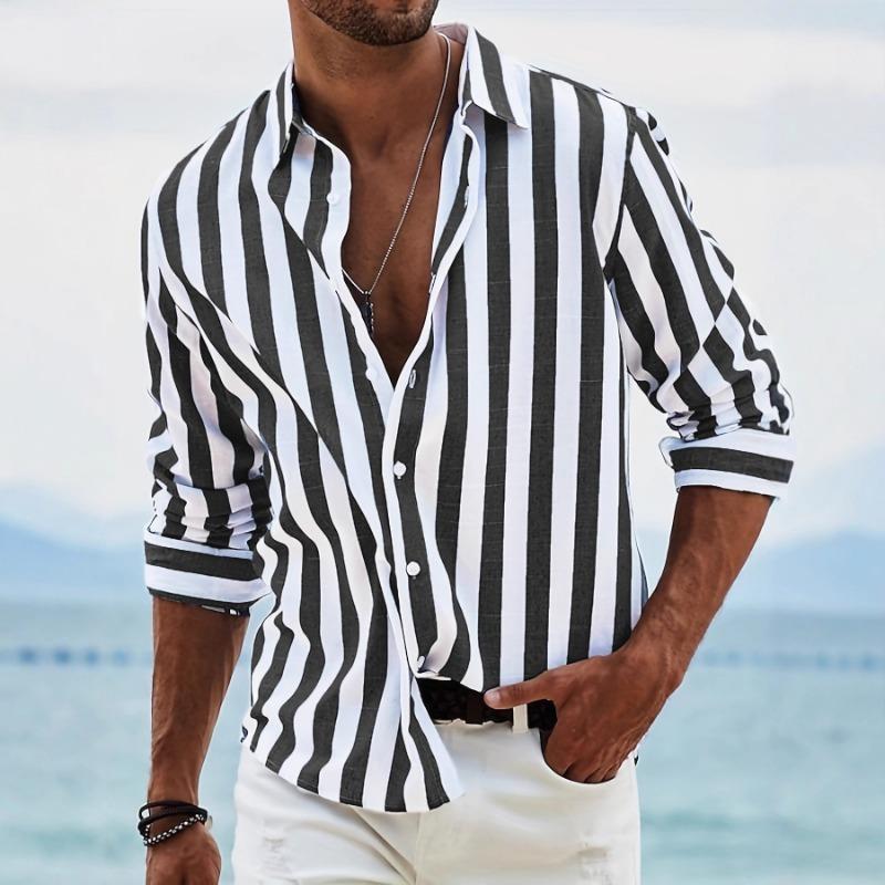 Men's Striped Linen Button-Down Shirt Long Sleeve Casual Breathable Top
