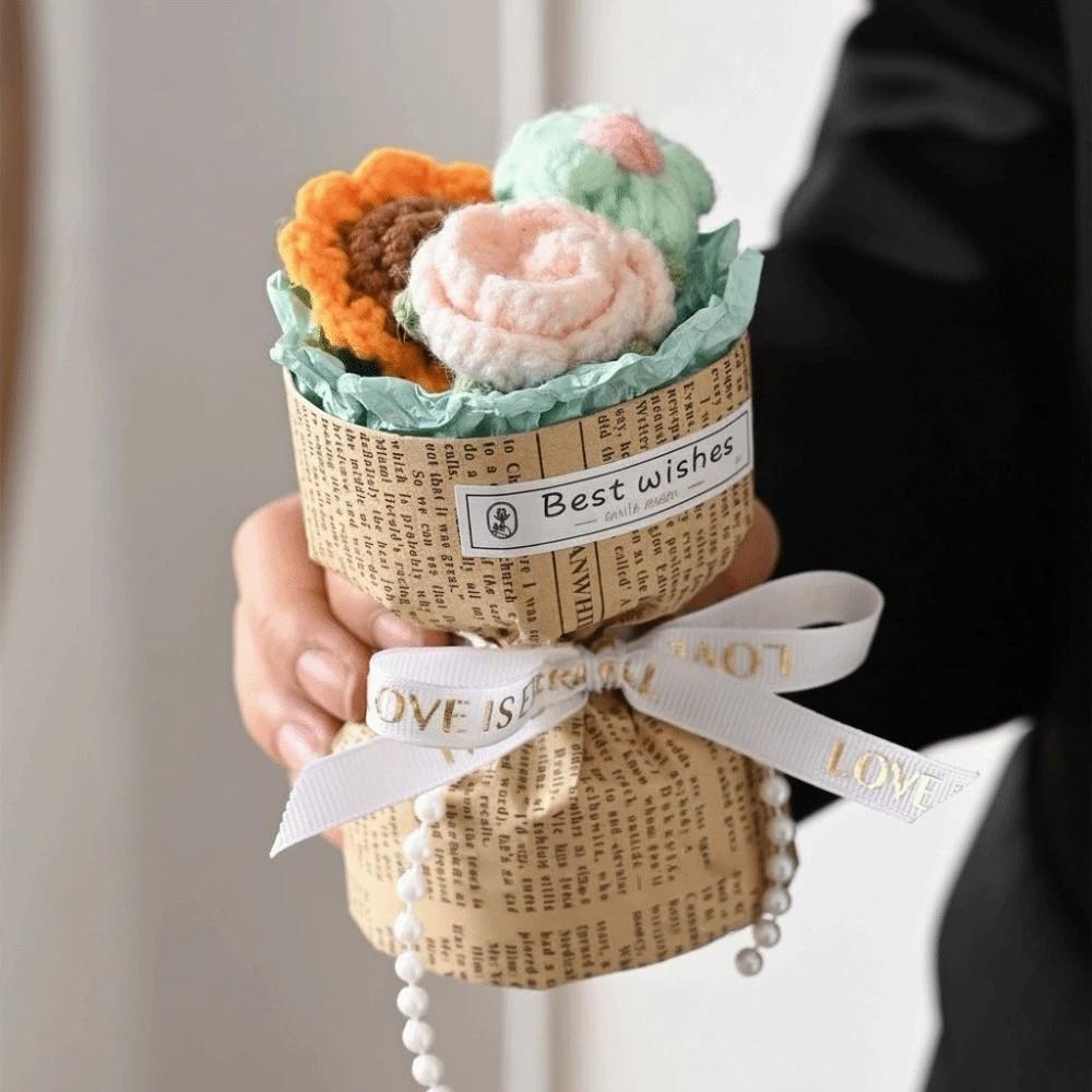 Rose Sunflower Crochet Flowers Bouquet Graduation Gift Home Decor Mini Rose Flowers Bouquet Valentine s Day Wedding Decor
