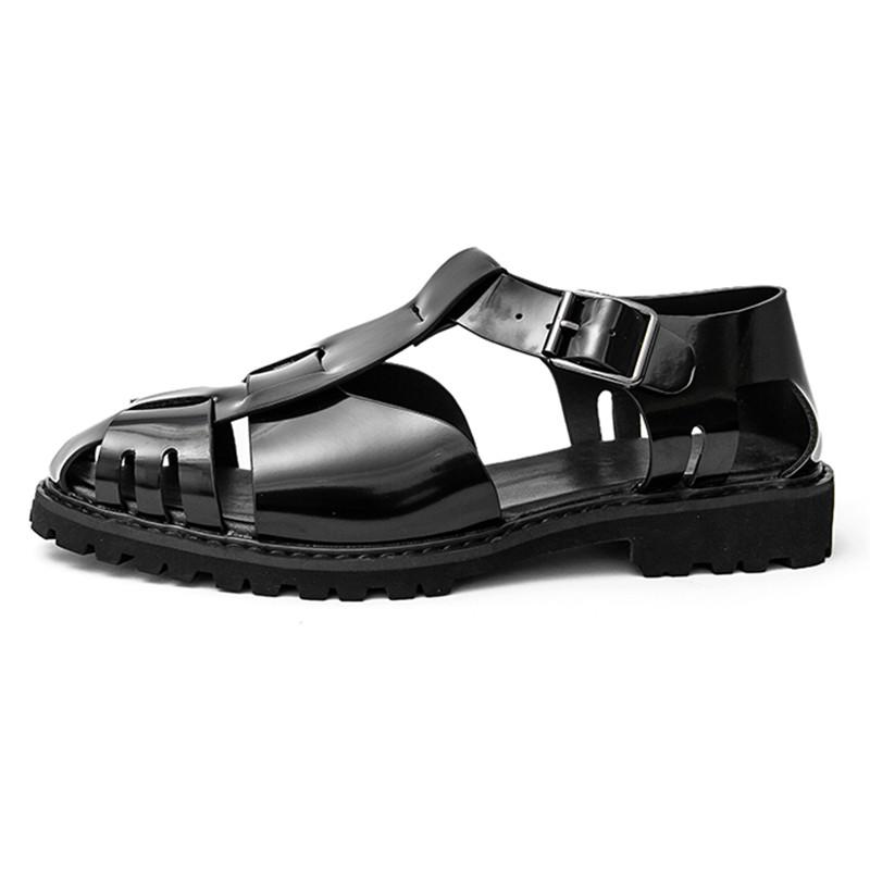 Summer New Men Gladiators Weave Slip On Thick-sole Patent Leather Garden Shoes Breathable Beach Sandals Outdoor Slippers