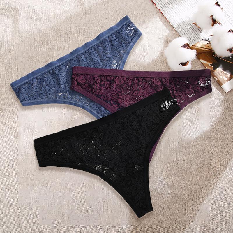 3Pcs/Set Women Sexy Lace Panties Lingerie Floral Sexy Low Waist Deep Color Thongs Ladies Underwear Fashion Soft Underpants S-XL
