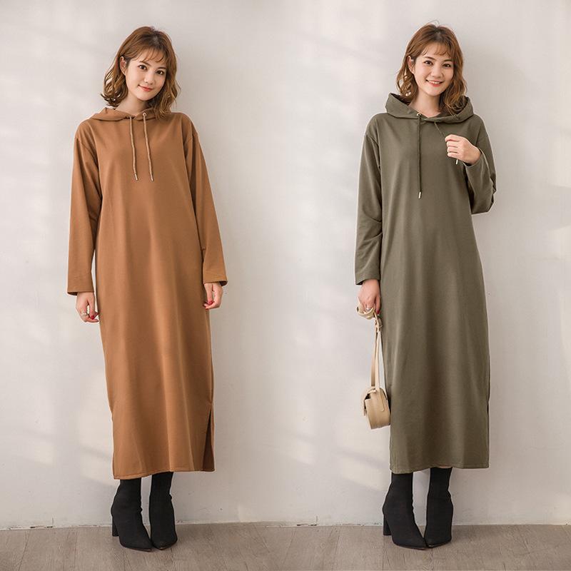 Autumn Winter Oversize Hoodies Women Elegant Lady Long Sweatshirts Dress Solid Loose Korea Casual Vintage Dress Women