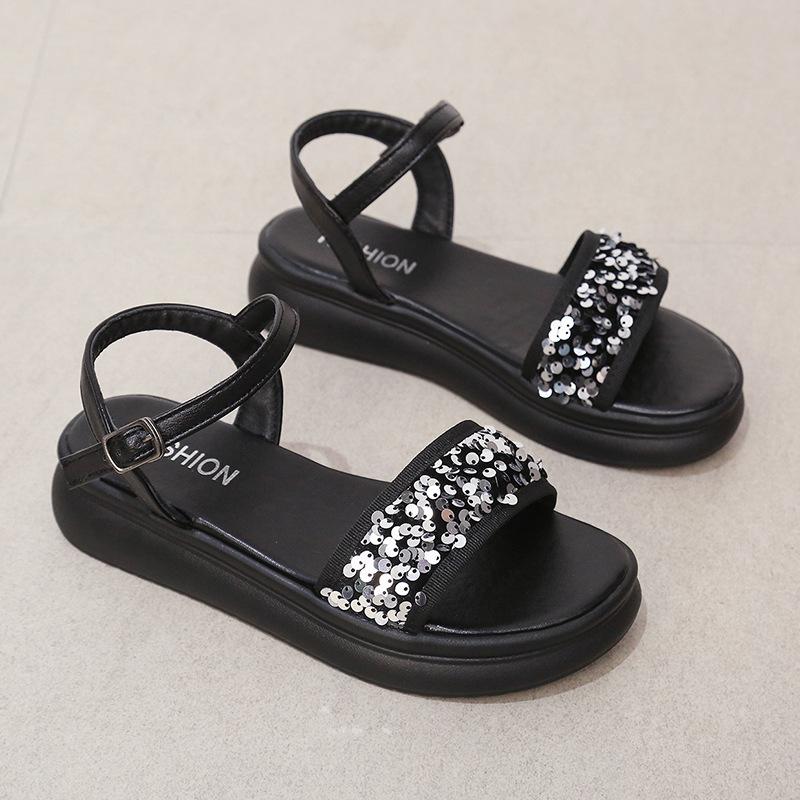 

Sequined muffin bottom non-slip sandals women s summer wear light thick sole one-word buckle beach shoes women s tide 40 серебряный